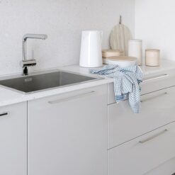 Cerney gloss light grey kitchen cabinets sink, from Riley James Kitchens Stroud