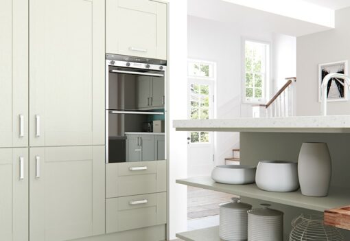 Tewkesbury shaker Kitchen - mussel kitchen shelves cabinets, from Riley James Kitchens Stroud