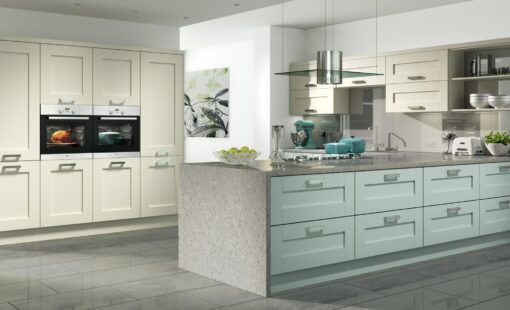 The Tewkesbury shaker Kitchen - painted ivory light blue kitchen hero, from Riley James Kitchens Gloucestershire