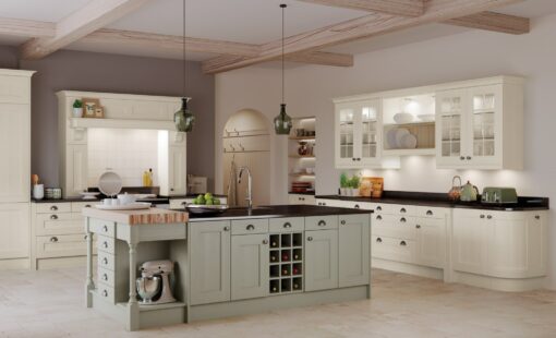 The Woodchester Kitchen - Ivory and sage green kitchen hero, from Riley James Kitchens Stroud