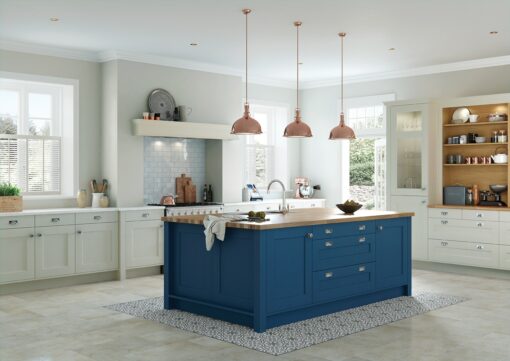 The Woodchester Kitchen - Parisian Blue and Mussel Painted kitchen cabinets, main - from Riley James Kitchens Stroud