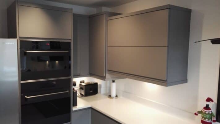 The Siddington Kitchen, Painted Dust Grey - Aventos Lift Up Wall Cupboard - Riley James Kitchens, Gloucestershire - Install 1794/23