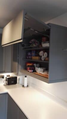 The Siddington Kitchen, Painted Dust Grey - Aventos Lift Up Wall Cupboard - Riley James Kitchens, Gloucestershire - Install 1794/24