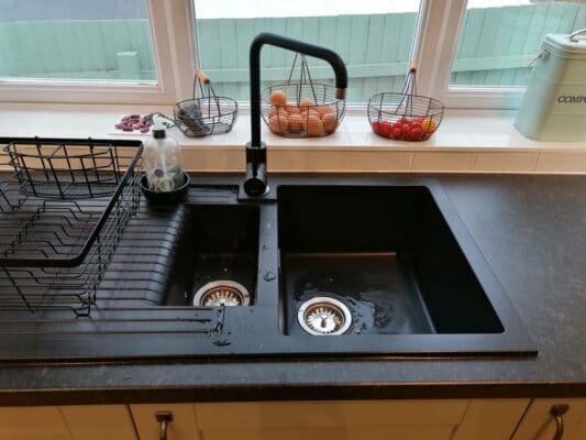 Riley James Malborough Sage Green Installation 1810 Sink & Tap - Riley James Kitchens Stroud