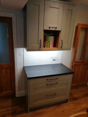 Riley James Malborough Sage Green Installation Pan Drawers & Book Space 1 - Riley James Kitchens Stroud