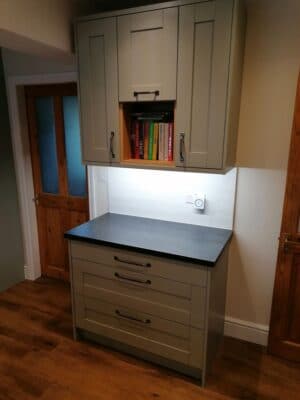 Riley James Malborough Sage Green Installation Pan Drawers & Book Space 2 - Riley James Kitchens Stroud