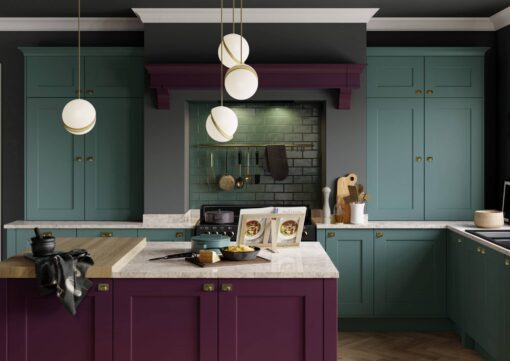 Florence Shaker in Deep Heather and Viridian, Cameo 3 - from Kitchen Stori, available at Riley James Kitchens Stroud