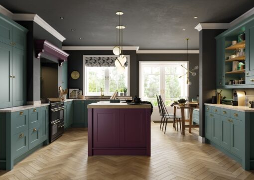 Florence Shaker in Deep Heather and Viridian, Main Shot - from Kitchen Stori, available at Riley James Kitchens Stroud
