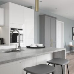 Strada Gloss White and Aldana Dust Grey Cameo 2 - from Kitchen Stori, available at Riley James Kitchens Stroud