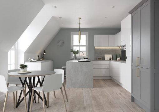 Strada Gloss White and Aldana Dust Grey Main Shot - from Kitchen Stori, available at Riley James Kitchens Stroud