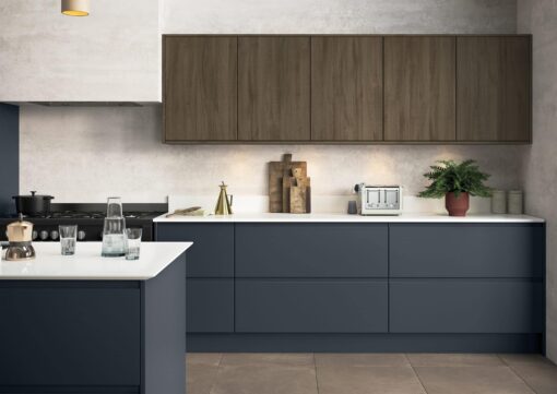 Strada Matte Slate Blue and Rezana Espresso Cameo 1 - from Kitchen Stori, available at Riley James Kitchens Stroud