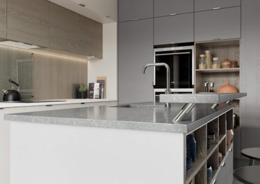 Tavola Slab Kitchen, Shell and Dust Grey Cameo 6 - from Kitchen Stori, available at Riley James Kitchens Gloucestershire