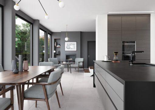 Zola Slab Gloss, Dust Grey and Tavola Carbon Cameo 1 - from Kitchen Stori, available from Riley James Kitchens Gloucestershire
