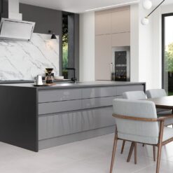 Zola Slab Gloss, Dust Grey and Tavola Carbon Cameo 2 - from Kitchen Stori, available from Riley James Kitchens Gloucestershire