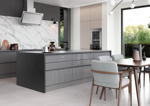 Zola Slab Gloss, Dust Grey and Tavola Carbon Cameo 2 - from Kitchen Stori, available from Riley James Kitchens Gloucestershire