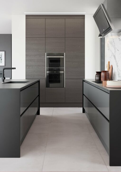 Zola Slab Gloss, Dust Grey and Tavola Carbon Cameo 3 - from Kitchen Stori, available from Riley James Kitchens Gloucestershire