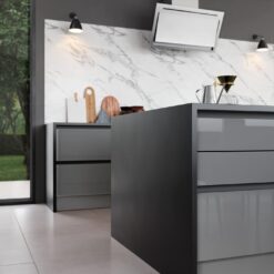 Zola Slab Gloss, Dust Grey and Tavola Carbon Cameo 4 - from Kitchen Stori, available from Riley James Kitchens Gloucestershire
