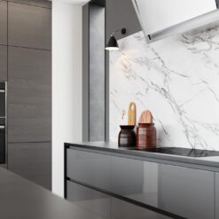 Zola Slab Gloss, Dust Grey and Tavola Carbon Cameo 7 - from Kitchen Stori, available from Riley James Kitchens Gloucestershire