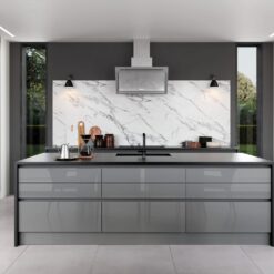 Zola Slab Gloss, Dust Grey and Tavola Carbon Main Shot - from Kitchen Stori, available from Riley James Kitchens Gloucestershire