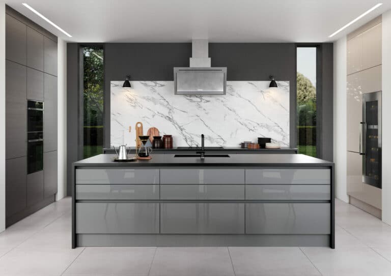 Zola Slab Gloss, Dust Grey and Tavola Carbon Main Shot - from Kitchen Stori, available from Riley James Kitchens Gloucestershire