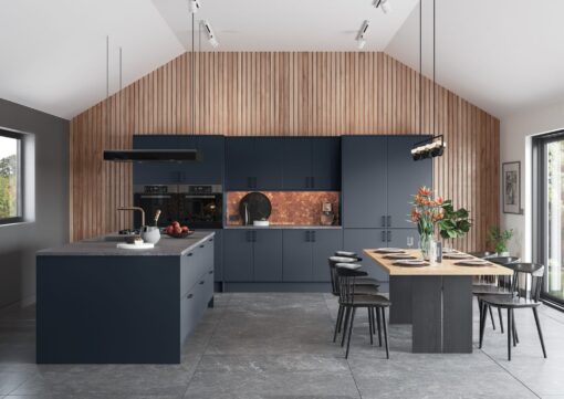 Zola Slab Matte in Slate Blue, Main Shot - from Kitchen Stori, available at Riley James Kitchens Stroud