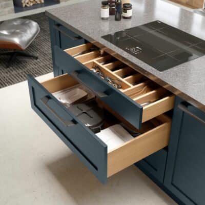 Caledonia Kitchens Deveron Painted Mey Blue and Light Oak with dovetail drawers - available from Riley James Kitchens, Gloucestershire
