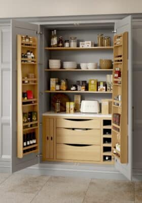 Caledonia Kitchens Pantry cabinet, shown in Talmine Painted Mountain Heather and Elgin Grey - available from Riley James Kitchens Gloucestershire