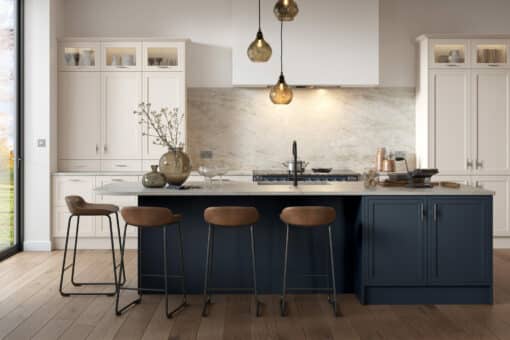 Arrington Inframe Shaker kitchen, Shell and Slate Blue Cameo 1, a Kitchen Stori kitchen available from Riley James Kitchens Stroud