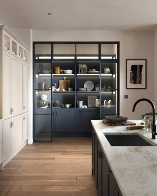 Arrington Inframe Shaker kitchen, Shell and Slate Blue Cameo 2, a Kitchen Stori kitchen available from Riley James Kitchens Stroud