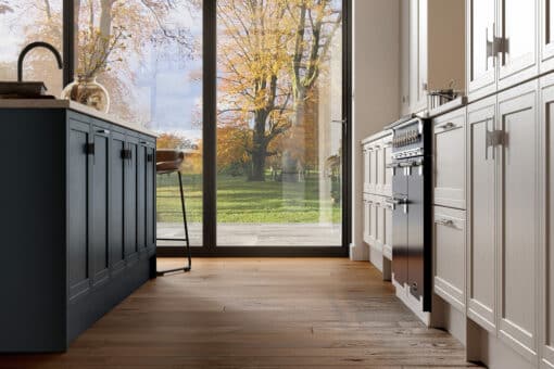Arrington Inframe Shaker kitchen, Shell and Slate Blue Cameo 3, a Kitchen Stori kitchen available from Riley James Kitchens Stroud